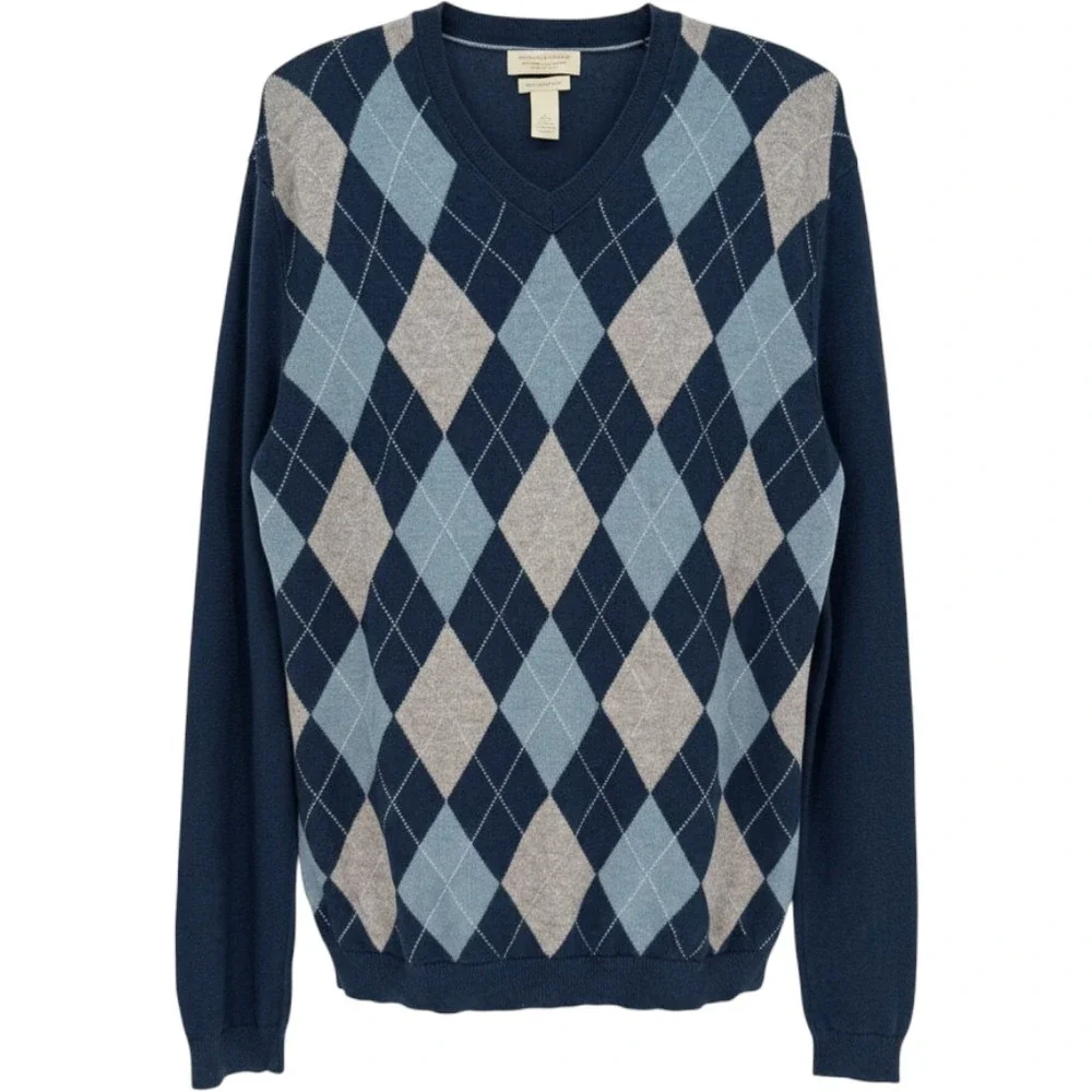 Banana Republic Argyle Cashmere Silk Sweater Mens Large Navy Preppy Quiet Luxury